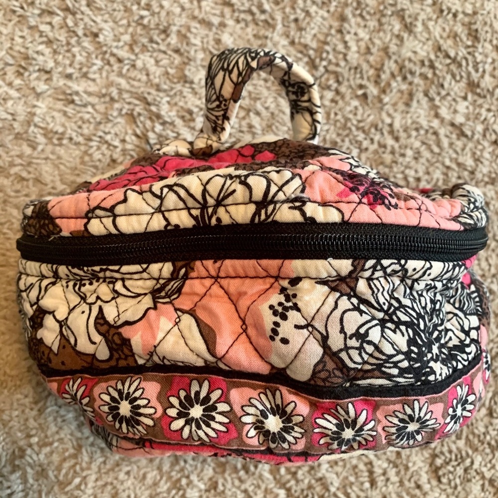 Vera Bradley Pink and Brown Floral Round Cosmetic / Makeup Bag